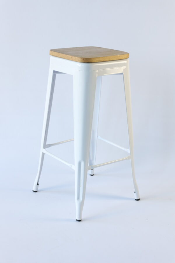 Tolix Bar Stool White Gloss with wooden seat by Lounge Away